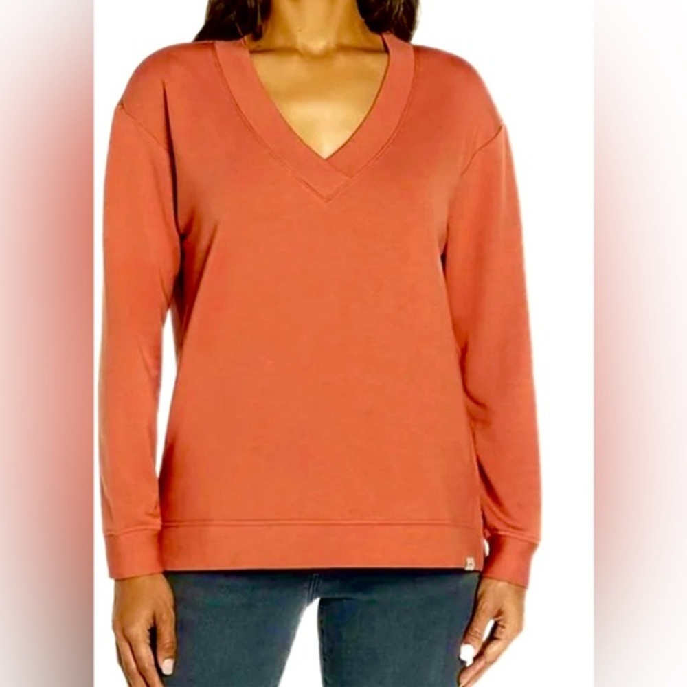 Orvis Soft Modal V-Neck Pullover Sweatshirt Rust Orange Relaxed Cozy Top L
